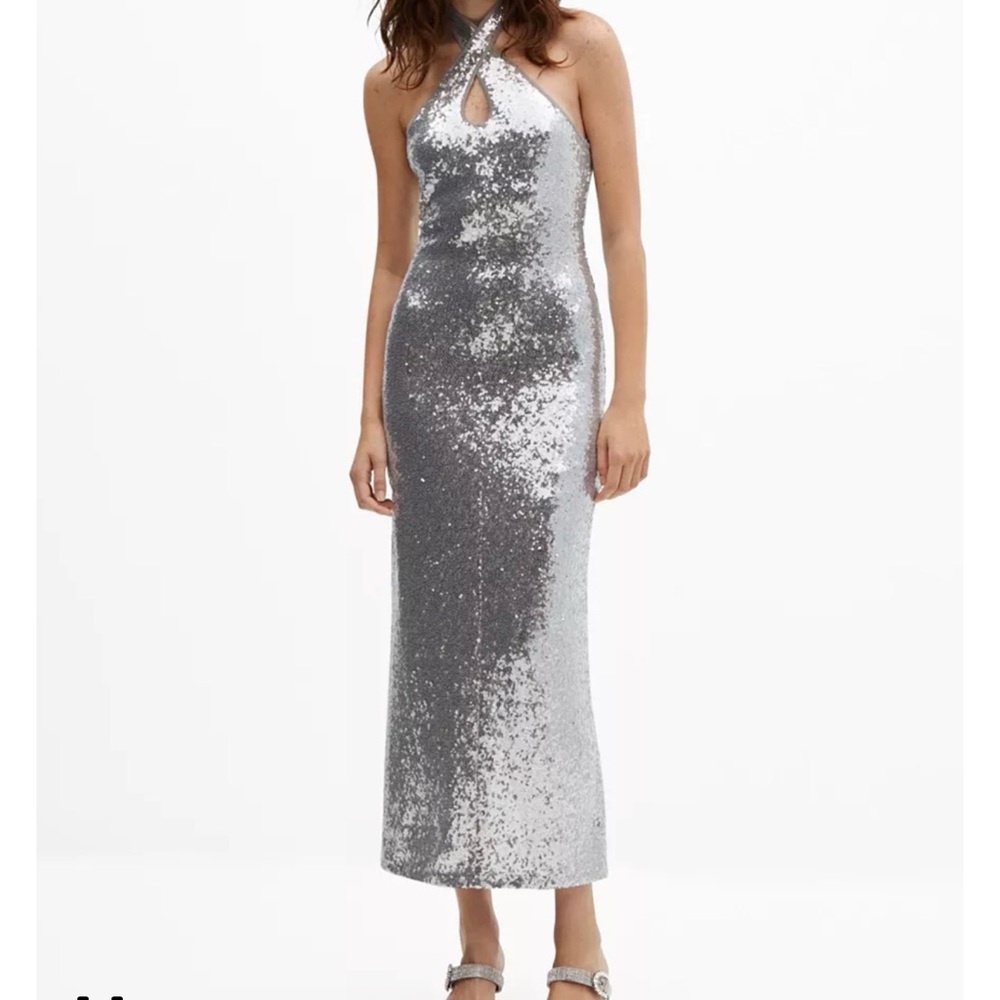 Mango NWT Stretchy Silver Sequined Halter Neck Dress